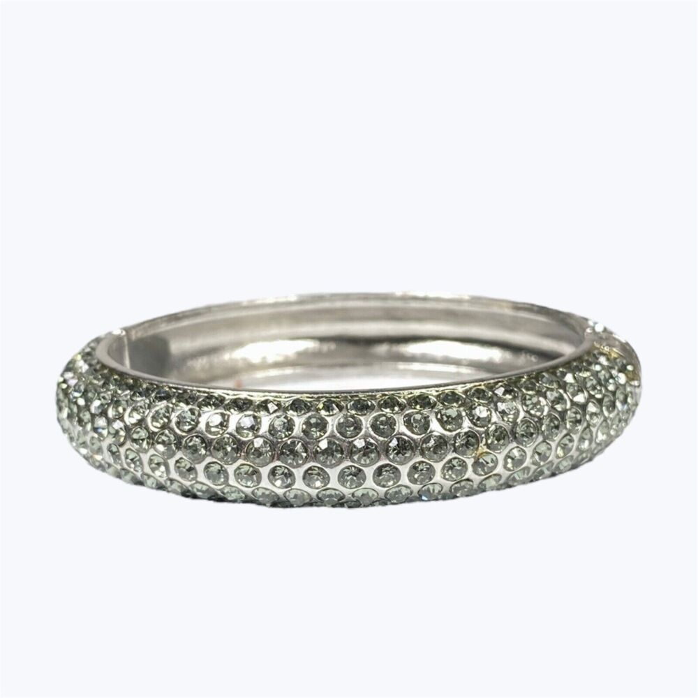 Mango Touch Clamper Bracelet Rhinestone Silver Tone Hinged Bangle Bling Jewelry